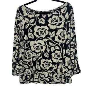 Lucky Brand Chic Black Light Gray Bold Floral Patterned Dolman Sleeve XL Blouse